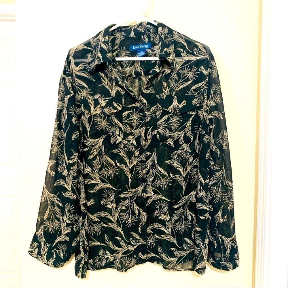 EVAN PICONE black floral semi-sheer blouse 1X